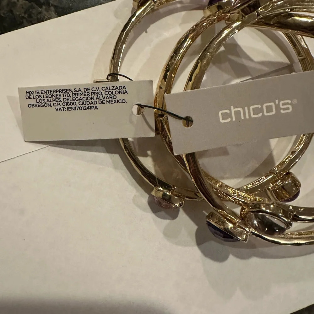 Chico's Gold stretch Bangles with Purple and Silver Accents.  Three (3).